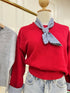 Solid Color Round Neck Sweater With Gingham Scarf